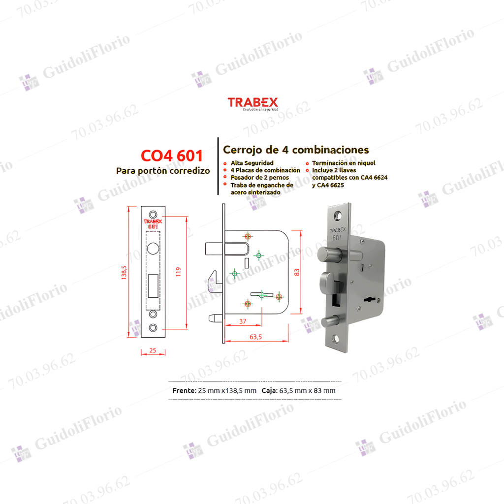 CERROJ.PAS.PERNO GANCH.- 601 - TRABEX